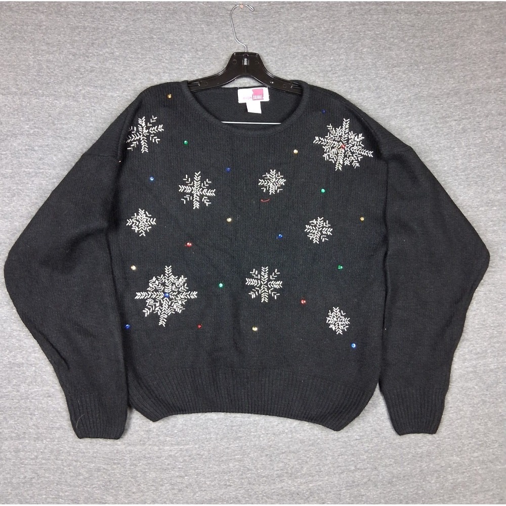 VTG Sheridan Square Womens Sweater Large Black Snowflake Sequin Silk Angora